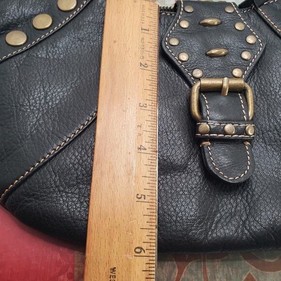J.F. Fine Leather Shoulder Bag Brown Studded Y2K Flap Snap Outside Zip 6x11 inch - Picture 9 of 11